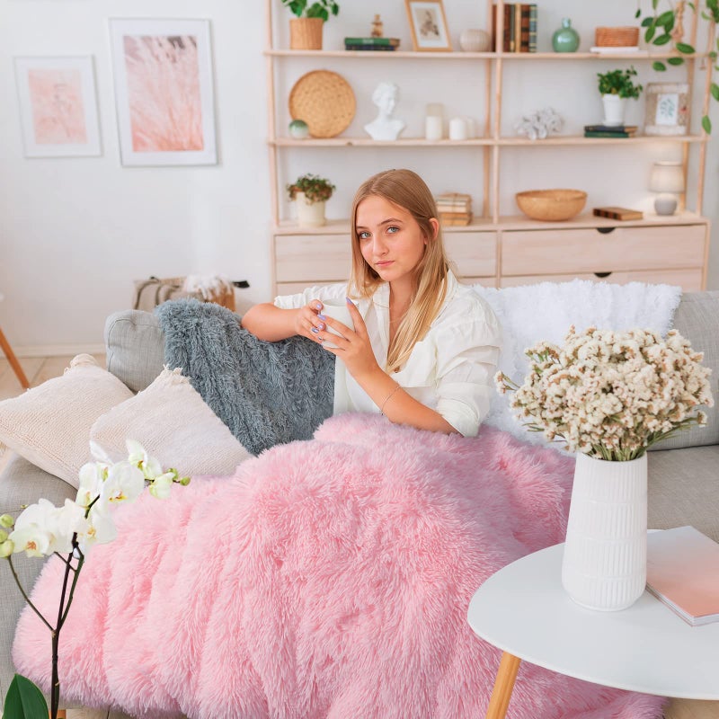 BENRON Light Pink Throw Blankets, Soft Shaggy Fuzzy Sherpa Cute Baby Pink Throw Cozy Fluffy Faux Fur Blankets for Bed Couch Sofa Washable, 50"x60" - Image 2
